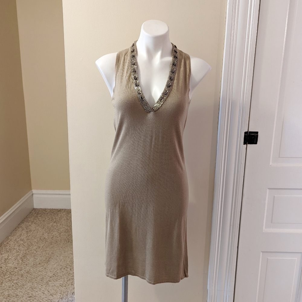Magaschoni tan beaded neckline silk/cashmere blend tank sweater dress.
